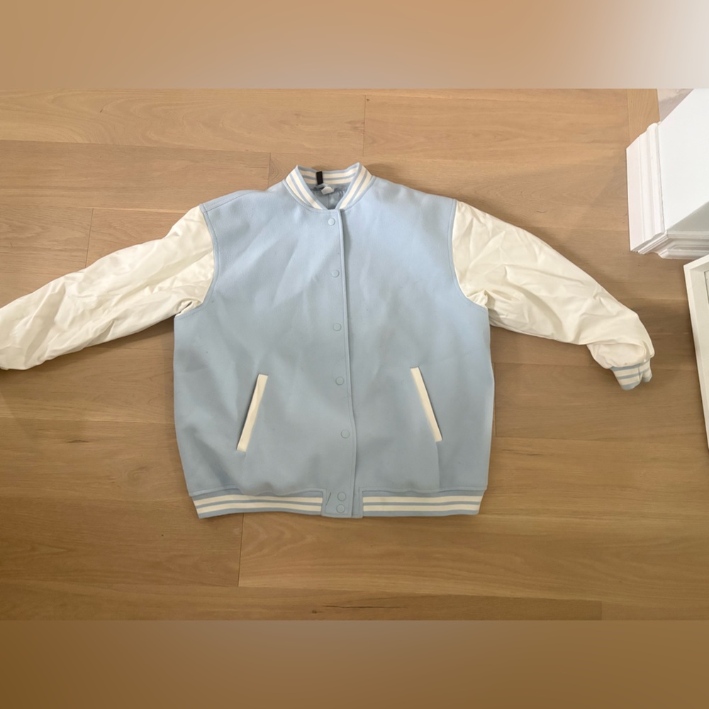 Light Blue Varsity Jacket with White Sleeves